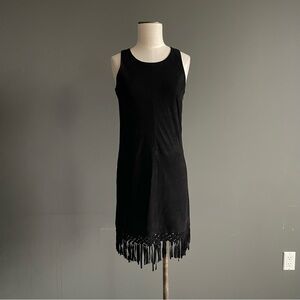 Maje Black Goat Suede Fringe Mini Dress Size 1 Sleeveless Boho Chic